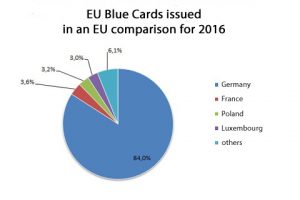 A pie chart shows which EU countries issue what shares of EU Blue Cards.